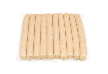 Pack of ten minced pork meat sausages isolated on white