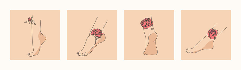 Elegant female feet with flowers. Human legs and heels and the roses and peonies depicted on them. Trendy vector illustration in minimalistic style. Plants as a tattoo. © Irina Popova