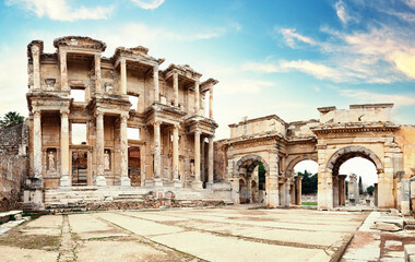 Ruins of library of Celsus in Ephesus in afternoon