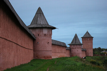 Monumental walls and towers of Saviour Monastery of St. Euthymius in Suzdal, Russia summer view