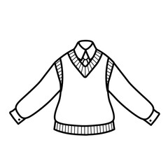 Knitted vest worn on a shirt and tie part of a school uniform for a girl outline for coloring on a white background