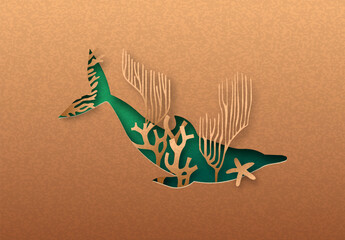 Green dolphin animal paper cut coral reef concept © Cienpies Design