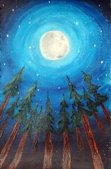Fototapeta premium Pine forest under the moon light . I painted an abstract landscape with acrylic paint.
