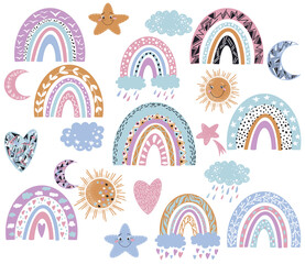 Rainbows, sun, funny clouds, stars, hearts. Sky background. Baby shower. Vector illustration. Cute kids set.