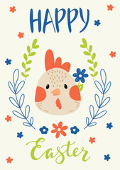 Spring Happy Easter card in vector. Funny spring chicken, eggs in cute doodle style with flowers and leaves. Stylish holiday background