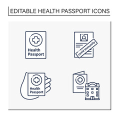 Health passport line icons set. Necessary document. Information about health status. Fight against Coronavirus. Vaccination card for government place. Covid19 concept. Isolated vector illustrations