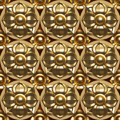 Gold decor. 3D render. Detail. Gold luxury background. Template for fabric or wrapping. Abstract decor. 3d tiles. Decorative rosette. Trends. Seamless 3d pattern. Wallpapers.