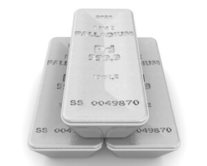 The highest standard palladium bars. Three ingots of 999.9 Fine Palladium lie on white surface. 3D illustration
