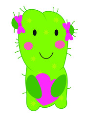 Fototapeta premium Cactus girl with pink bows and a crimson heart in her paws funny cute character children's hero