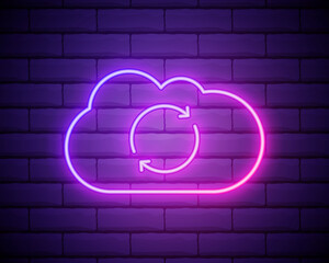 Glowing neon Cloud sync refresh icon isolated on brick wall background. Cloud and arrows. Vector Illustration
