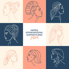 Pastel international women's day illustration for greeting card. Collection of profile portraits of women characters. Linear faces mosaic. Line hand drawn vector illustration.