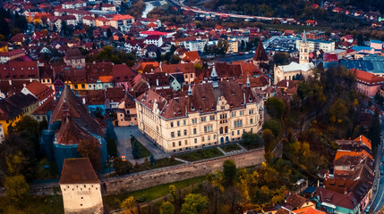 Aerial view of colorful Sighisoara cityscape