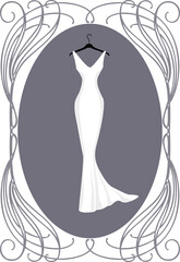 Vector drawing of elegant white wedding dress in vintage ornate frame