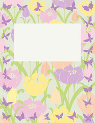 Vector greeting card with colorful tulips and frame from silhouettes butterflies