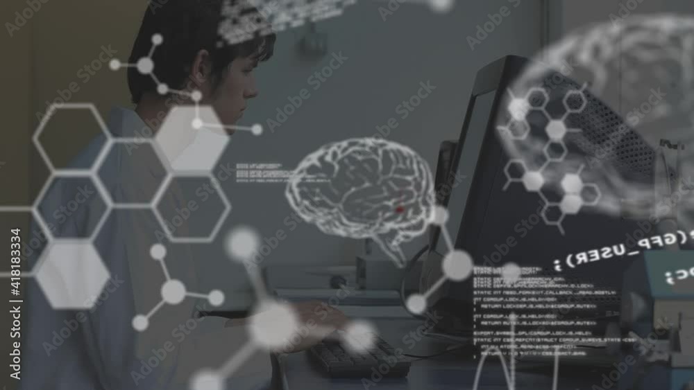 Poster Animation of human brains and medical data processing over scientist using computer