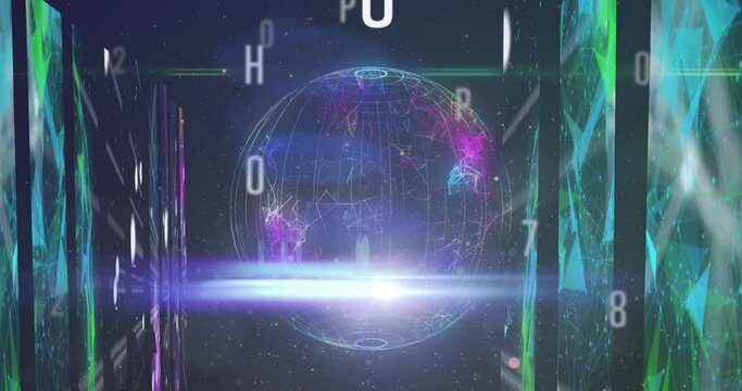 Animation of letters and numbers over spinning globe and digital screen