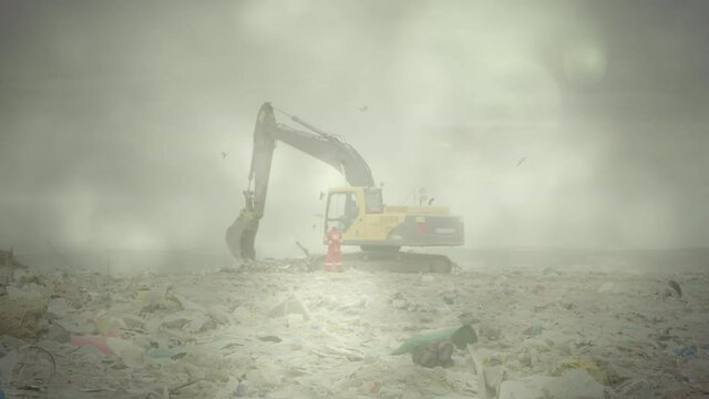 Green glowing lights over digger in rubbish disposal site
