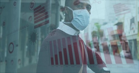Animation of covid 19 statistics over african american man wearing face mask