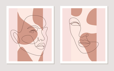 Abstract line wall art vector set with women faces. Continuous one line drawing. Minimalist wall art with different shapes terracota colors for wall decoration. Vector illustration