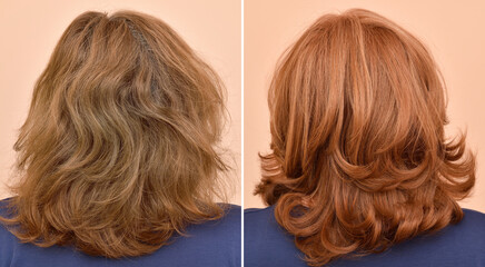 Woman before and after procedure of hair styling in a professional salon. Damaged hair treatment. Hair coloring. Close-up. 
