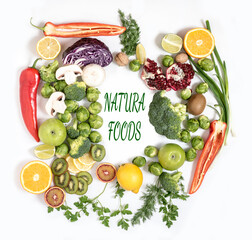 Healthy food composition with pure fruits. Diet plan. View from above. Flat lay.