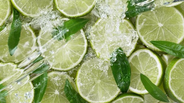 Super slow motion of lime slices with splashing water, top view. Filmed on high speed cinema camera, 1000 fps.