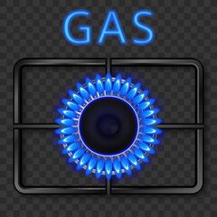Gas burner with blue flame and black steel grate.Vector realistic illustration