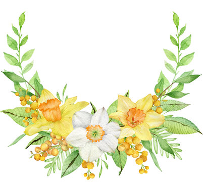 Watercolor wreath with yellow spring flowers and green leaves. Daffodils and mimosa branches frame. Mother's Day card