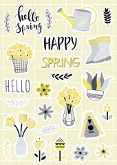 Spring Easter Stickers. Easter scrapbook sticker set. Vector Illustration Doodle Style with waterin can, bird house, tulip, flower pot in pantone 2021 colors