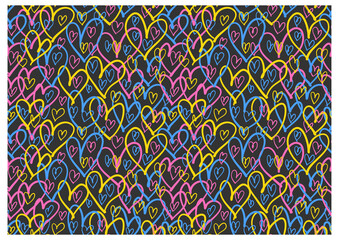 Horizontal pattern of graffiti hearts. Image for a poster or cover. Vector illustration. Repeating texture. Figure for textiles. © Dzianis
