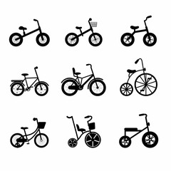 Kids bikes silhouettes from tricycles to teenagers. Black bicycles with different frame types. © Valentina