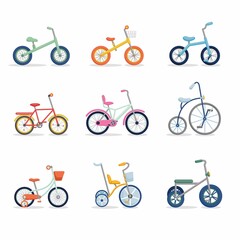 Set of kids bikes from tricycles to teenagers. Colorful bicycles with different frame types. Vector flat illustration set. - obrazy, fototapety, plakaty
