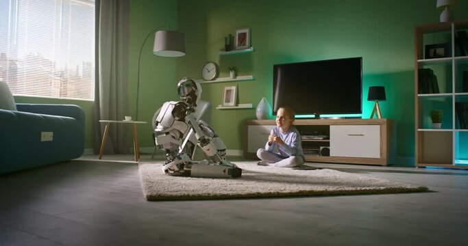 Girl speaking with robotic friend at home