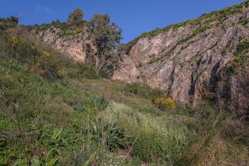 Fototapeta na wymiar Ayun stream deep gorge as seen from the trail leading down to the gorge and to Hatanur waterfall in Nahal Ayun nature reserve, near the town of Metula in Upper Galilee, Northern Israel, Israel.