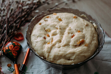 yeast dough for cakes, easter, muffin with raisins, cupcake, still life, willow