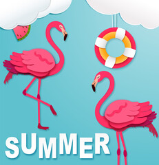 illustration of a summer and flamingo. paper cut style