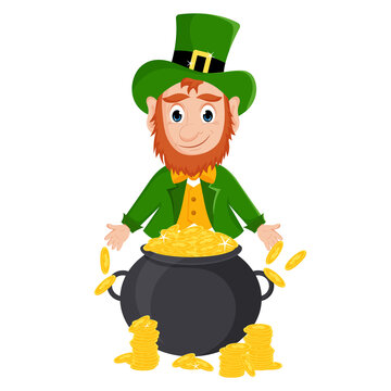 Cute cartoon leprechaun with a pot of gold. Vector illustration with happy St. Patrick's Day.