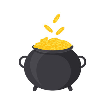 A cauldron of gold. Vector illustration for St. Patrick's Day. Isolated on a white background.