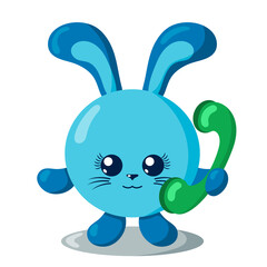 Funny cute smiling hare or rabbit holding a phone. Colored isolated animal vector illustration in flat design with shadows	