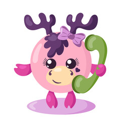 Funny cute smiling deer or moose holding a phone. Colored isolated animal vector illustration in flat design with shadows	