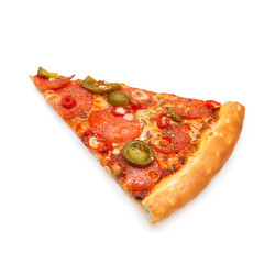 Slice of delicious classic italian Burning Pizza with sausages, pepper, jalapeno sauce and cheese