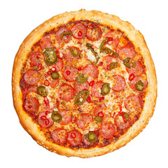 Delicious classic italian Burning Pizza with sausages, pepper, jalapeno sauce and cheese