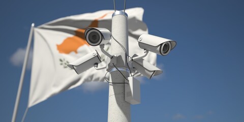 Naklejka na ściany i meble Outdoor security cameras near flag of Cyprus. 3d rendering