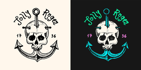 Pirate skull at anchor logo. Jolly roger or Corsair. Marine and nautical or sea, ocean emblem for sticker or t-shirt. Engraved hand drawn, old label or badge.