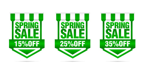 Shopping sale. Set of Spring sale green badges 15%, 25%, 35% off. Vector illustration