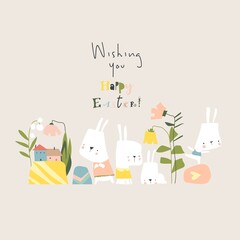 Cartoon Easter illustration with rabbits, flowers and easter eggs