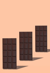 3d render isometry scene..Chocolate bar on beige background. Choco Cacao lover concept. Minimalistic creative food style art.