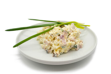 Rice salad with ham and green onions