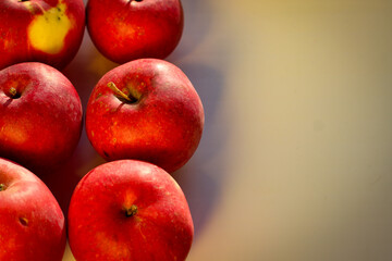 Several ripe red apples stand on a white background illuminated by rays of the sun