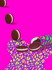 Minimal food 3d render  scene chocolate cookies in pink creative space. Restaurant, bar, candy shop, food delivery concept art.